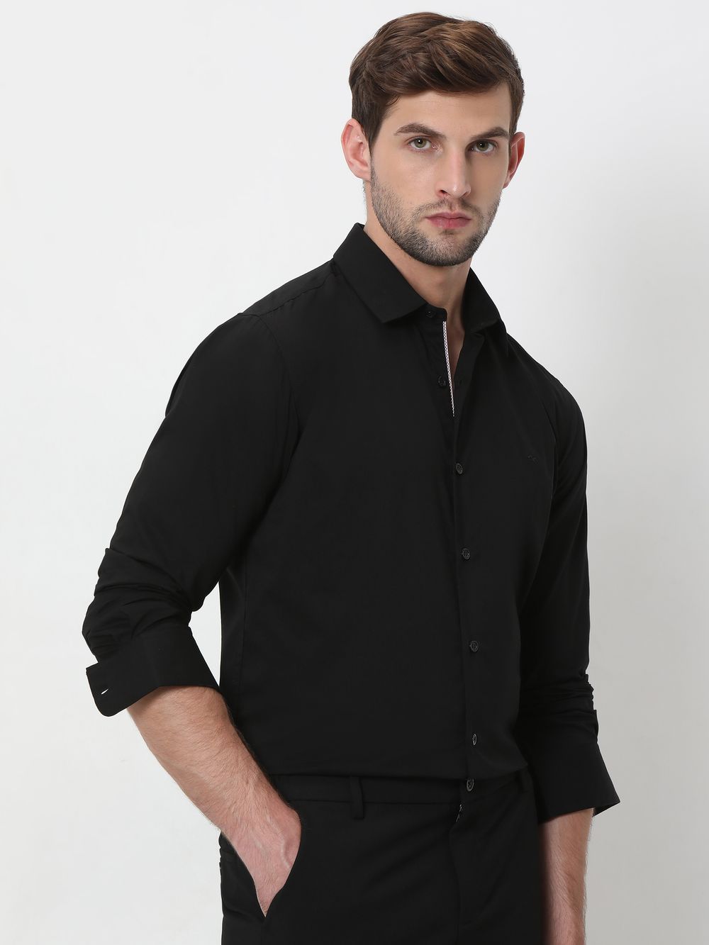 Black Stretch Plain Slim Fit Casual Shirt