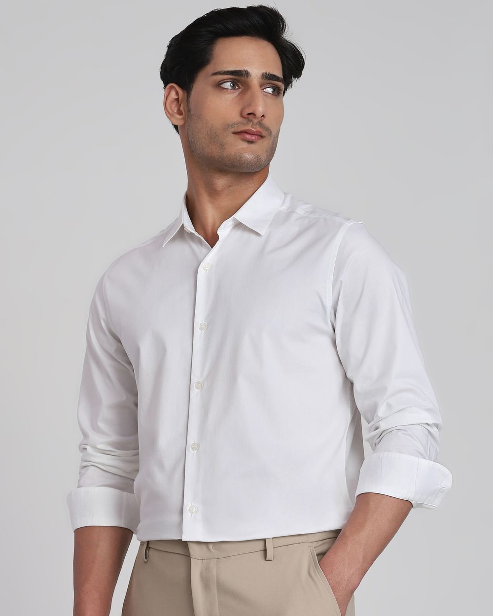 White Stretch Plain Slim Fit Casual Shirt