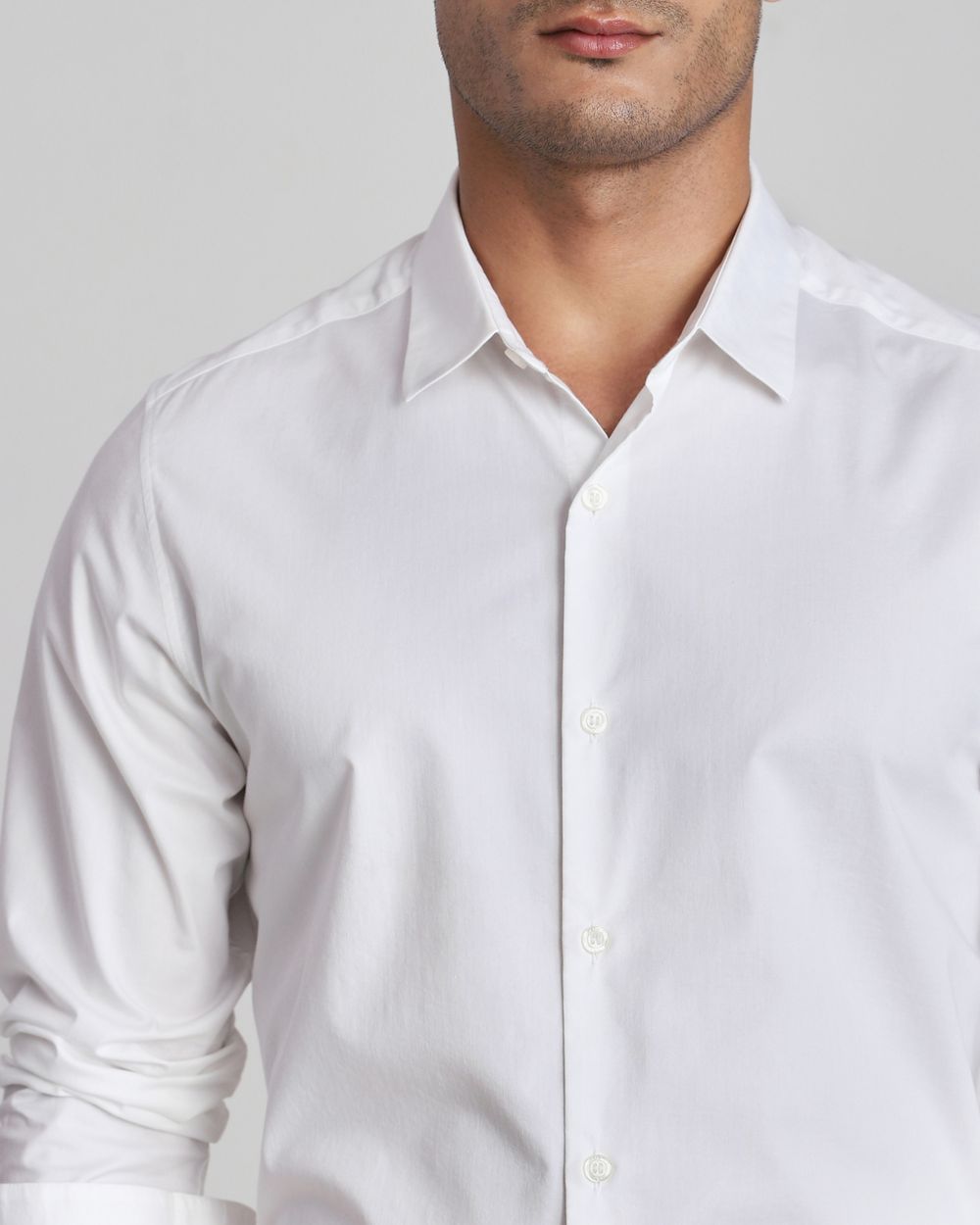 White Stretch Plain Slim Fit Casual Shirt