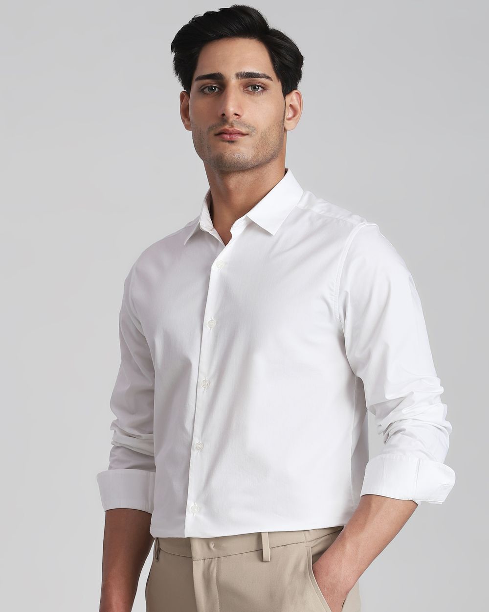 White Stretch Plain Slim Fit Casual Shirt