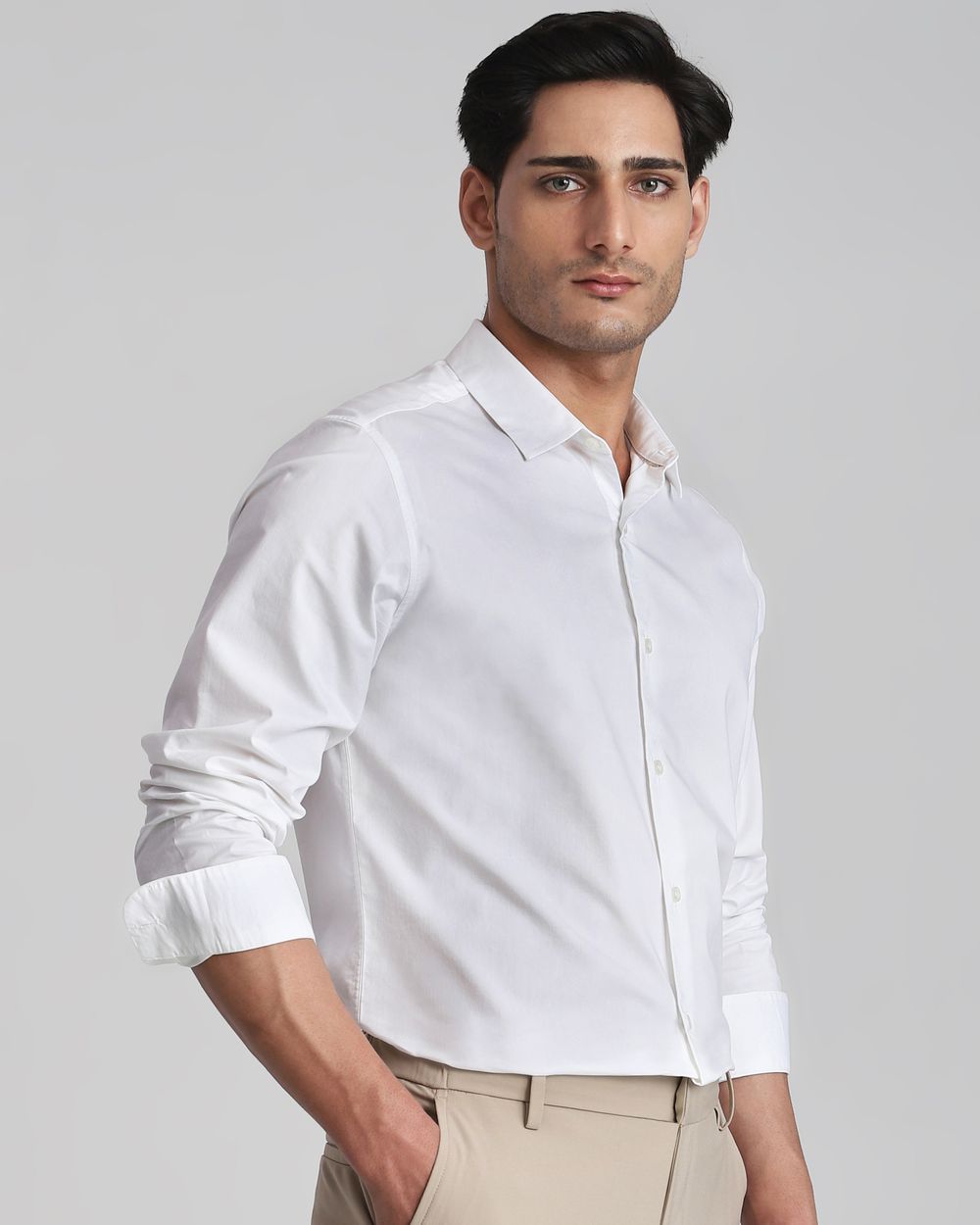 White Stretch Plain Slim Fit Casual Shirt