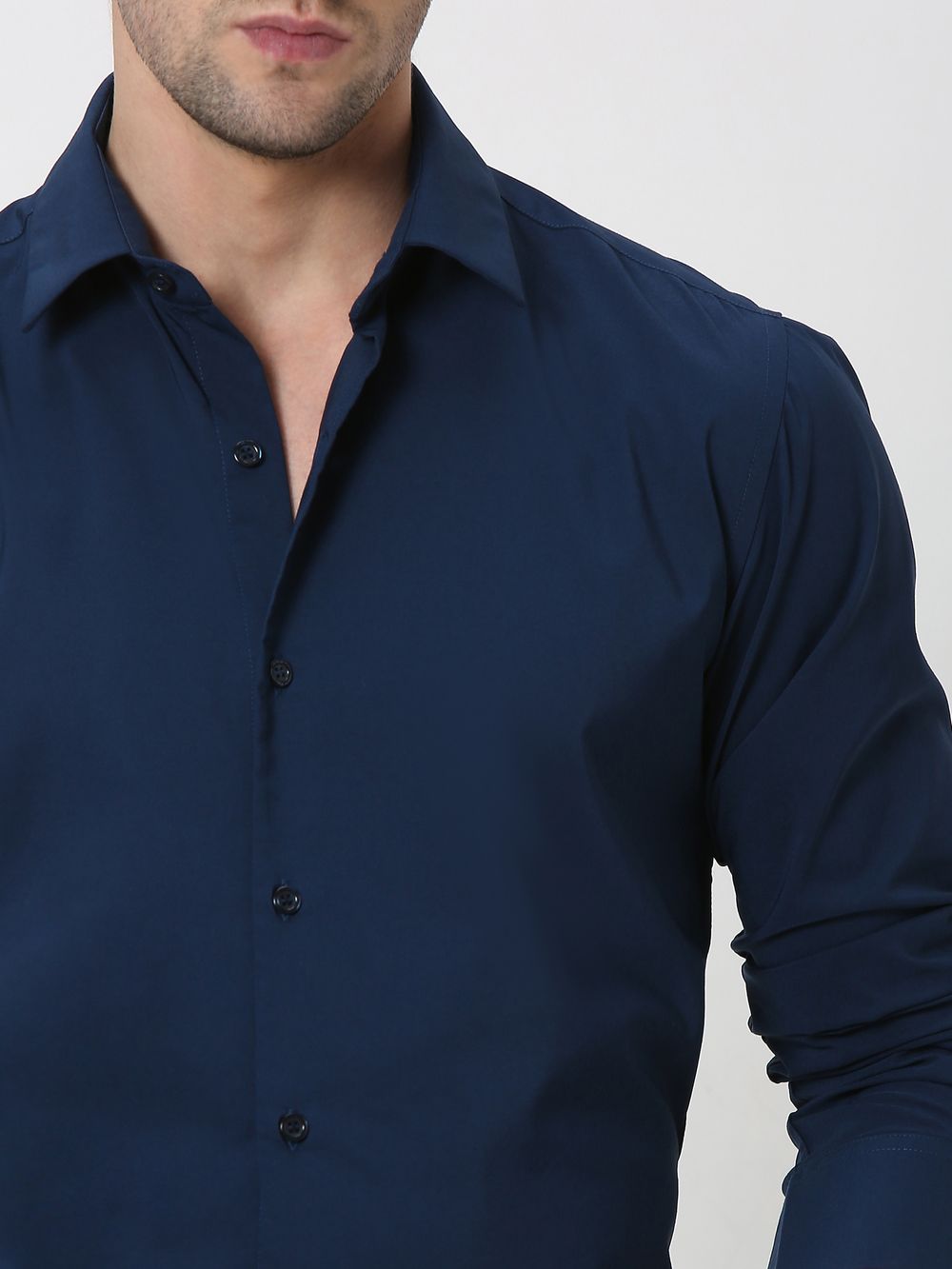 Navy Stretch Plain Slim Fit Casual Shirt