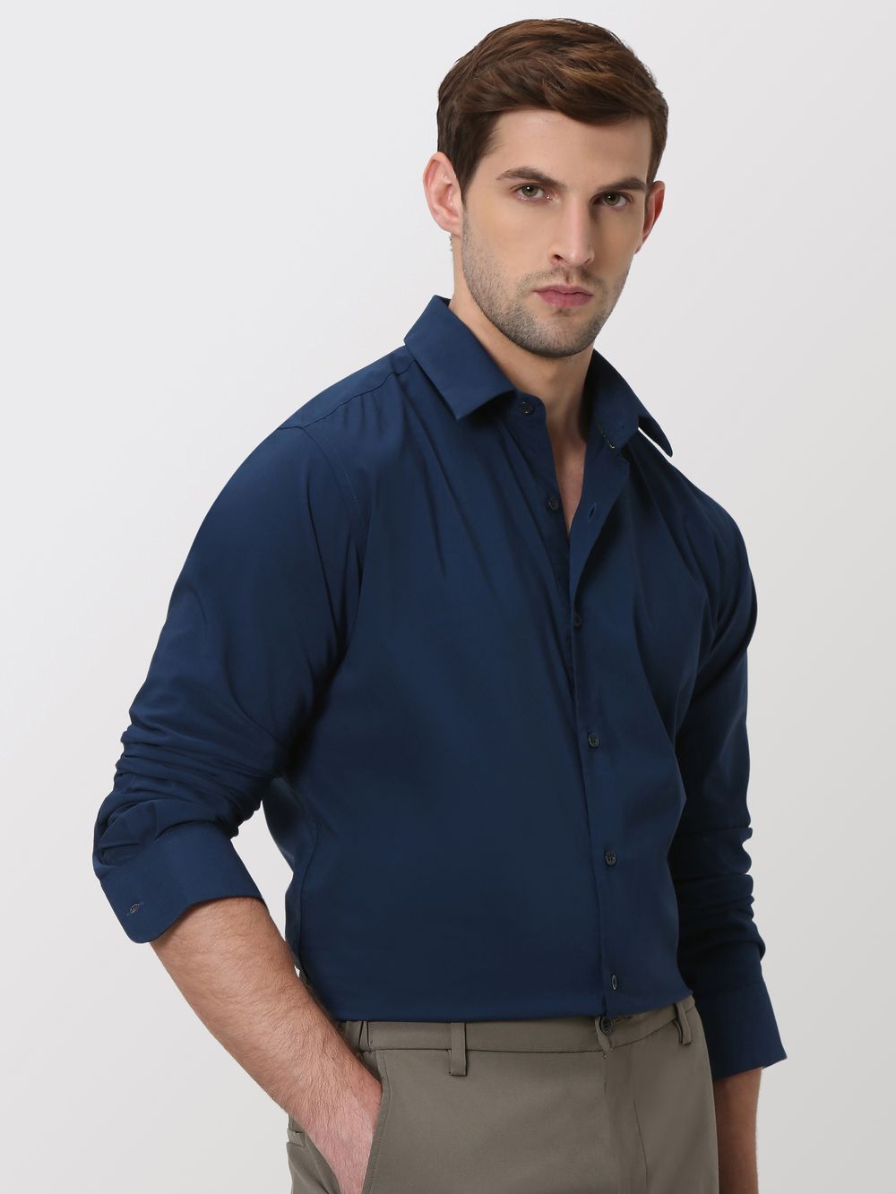 Navy Stretch Plain Slim Fit Casual Shirt