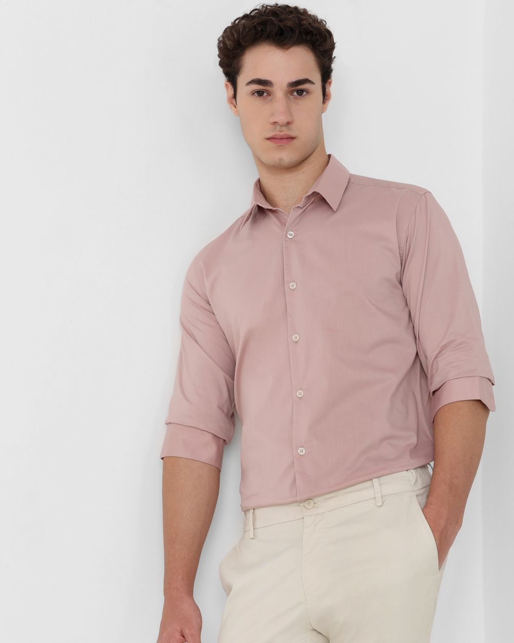 Pastel Pink Stretch Plain Slim Fit Casual Shirt