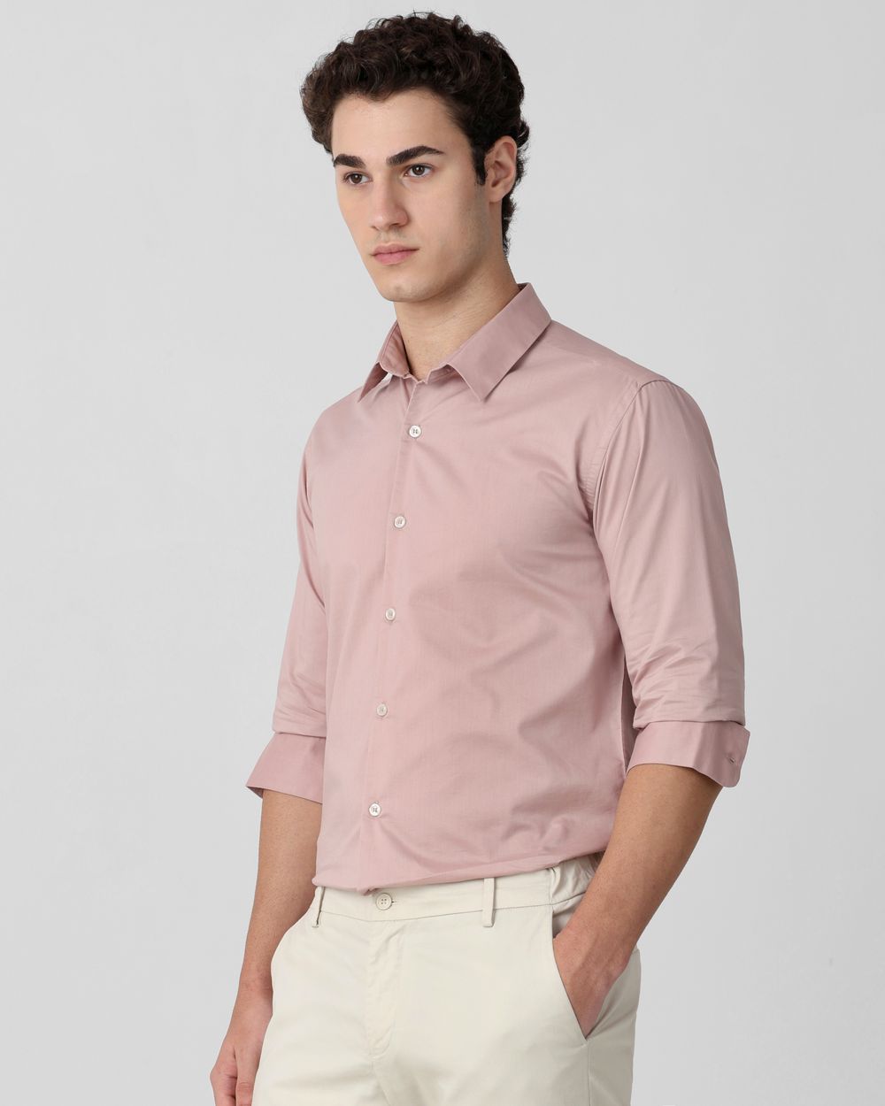 Pastel Pink Stretch Plain Slim Fit Casual Shirt