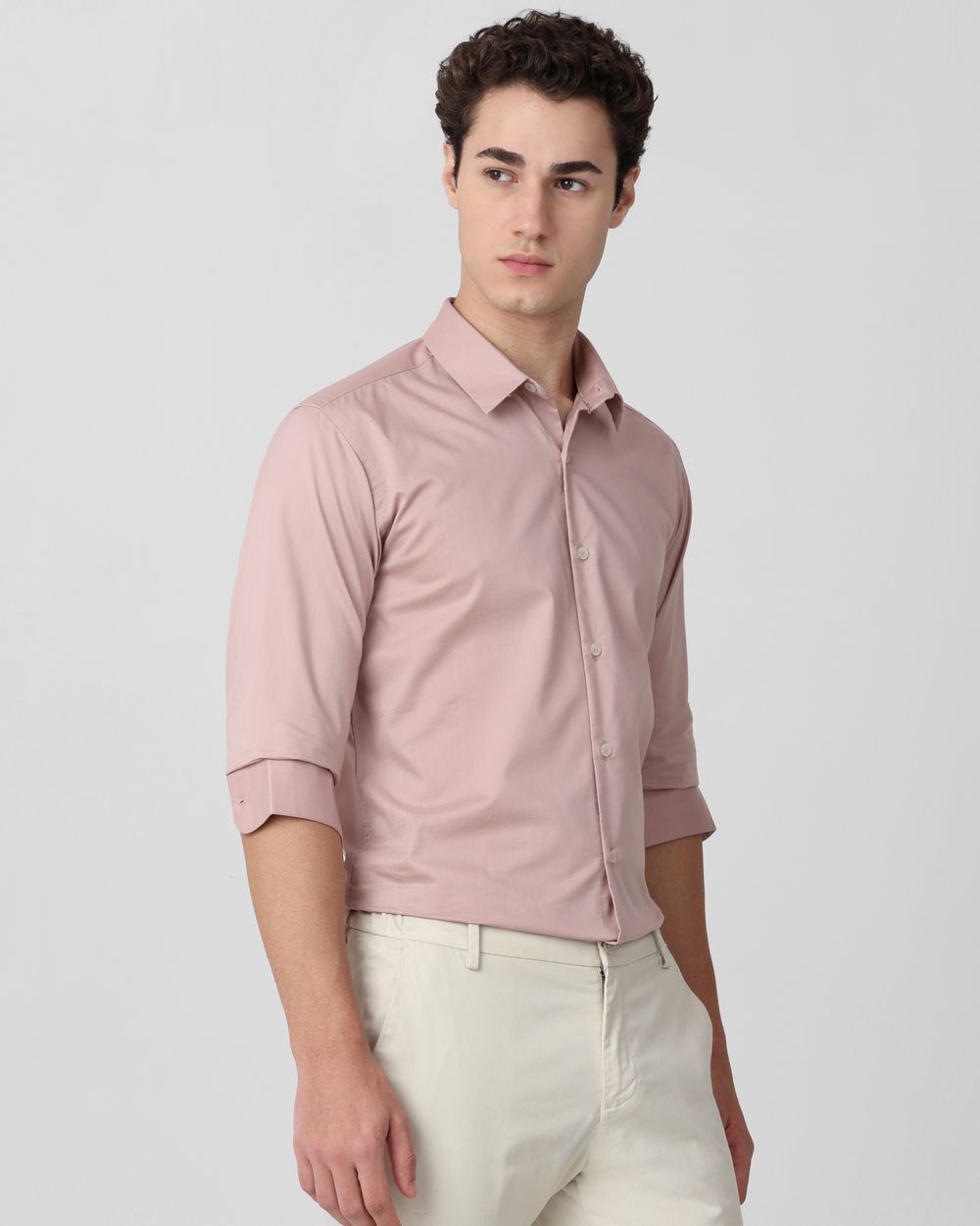 Pastel Pink Stretch Plain Slim Fit Casual Shirt