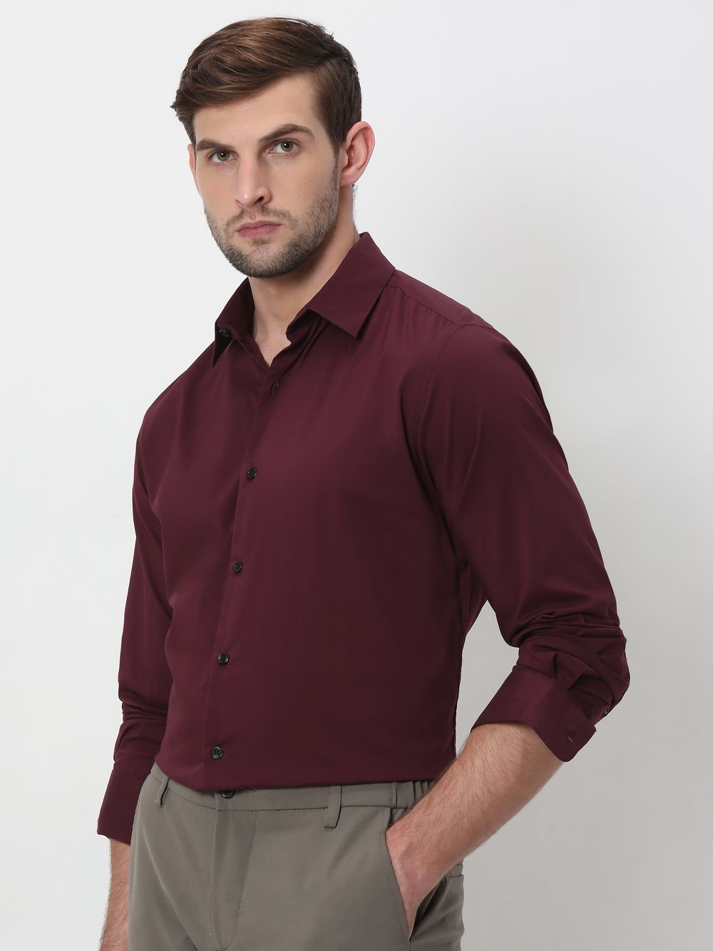 Maroon Stretch Plain Slim Fit Casual Shirt