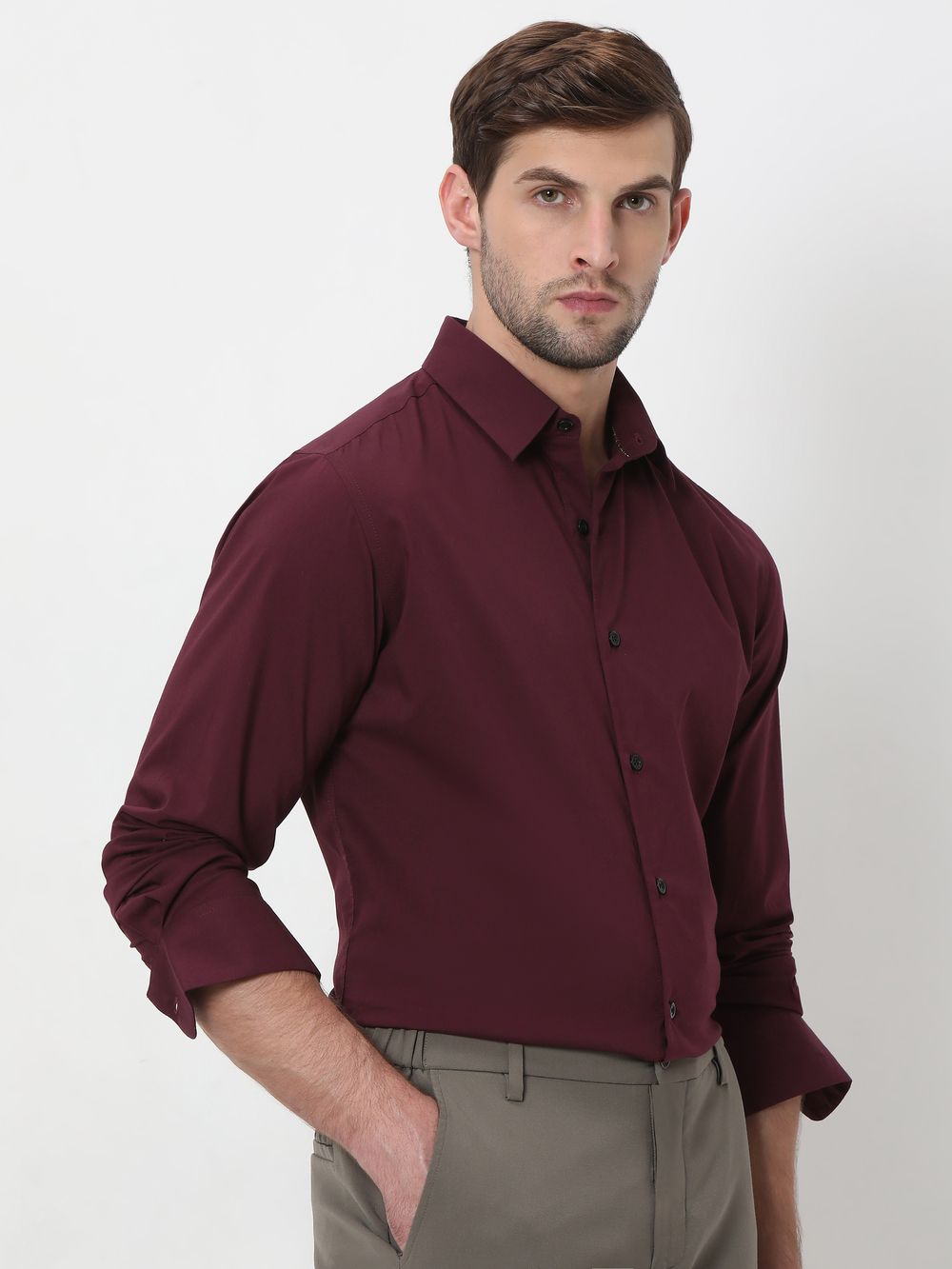Maroon Stretch Plain Slim Fit Casual Shirt