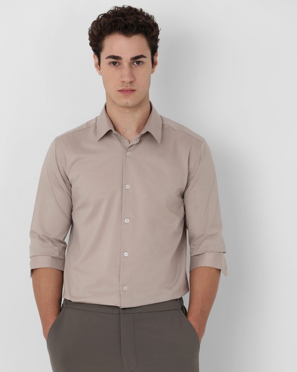 Light Grey Stretch Plain Slim Fit Casual Shirt