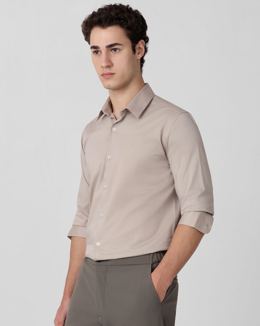 Light Grey Stretch Plain Slim Fit Casual Shirt