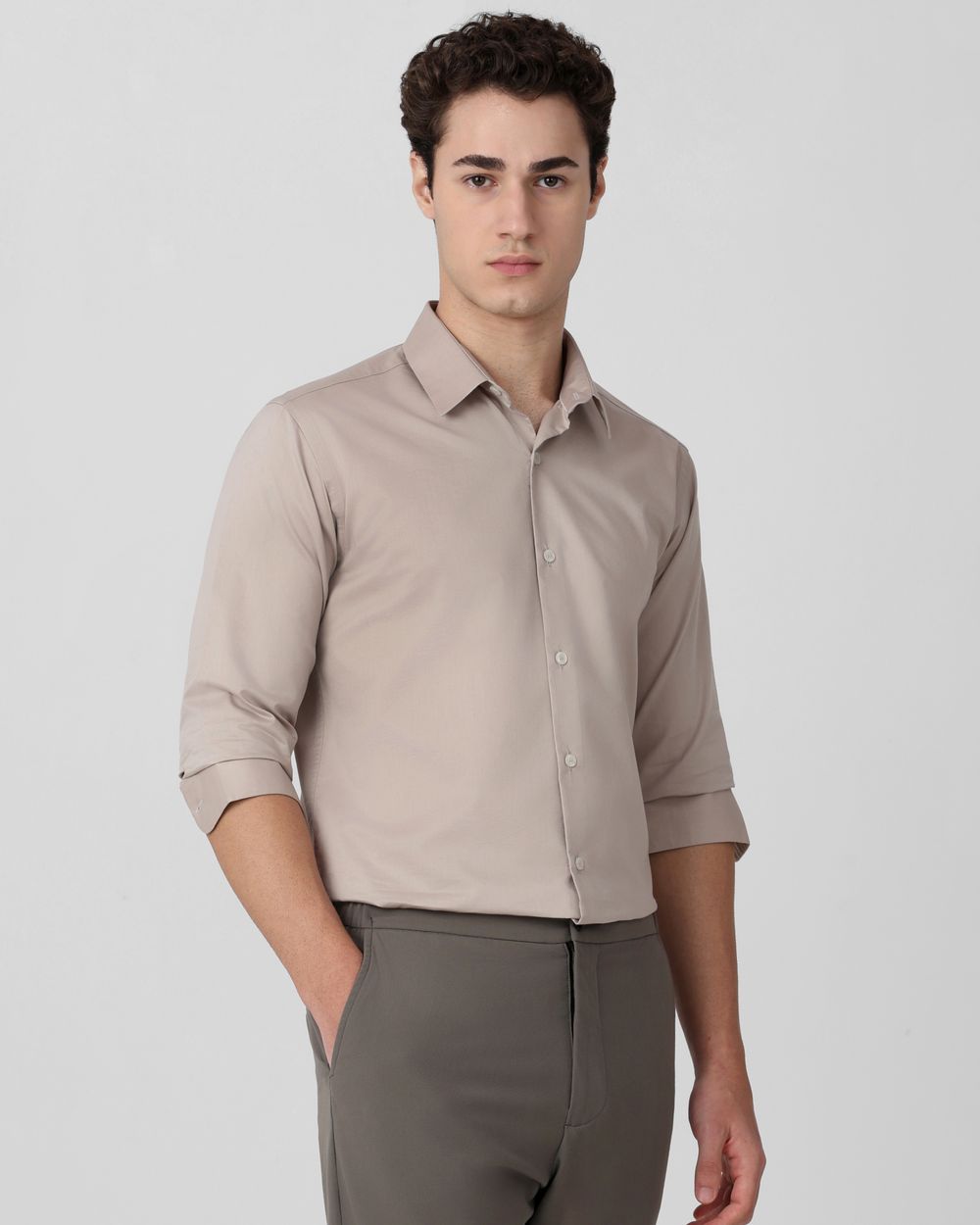 Light Grey Stretch Plain Slim Fit Casual Shirt