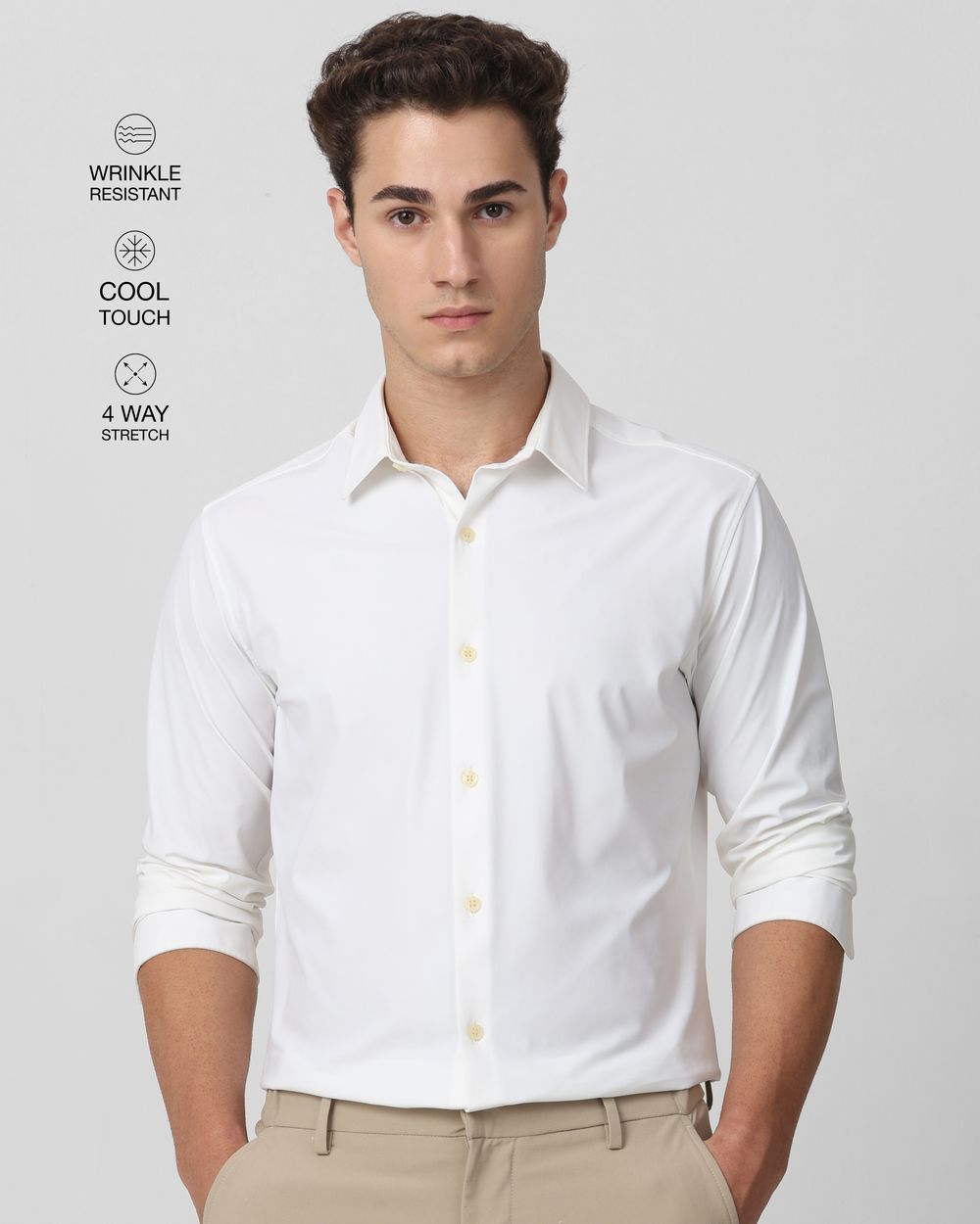 White Scuba Stretch Plain Slim Fit Casual Shirt