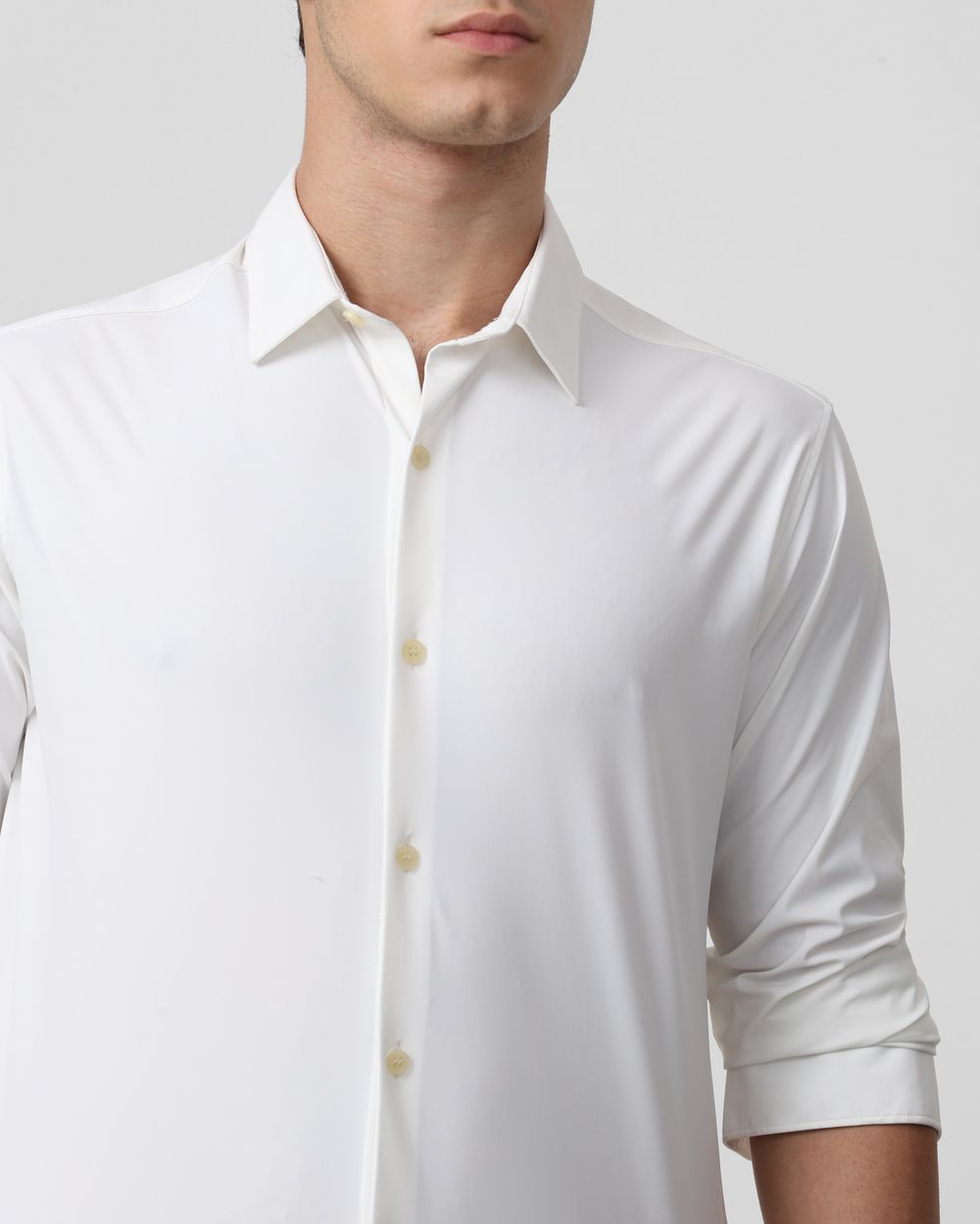 White Scuba Stretch Plain Slim Fit Casual Shirt