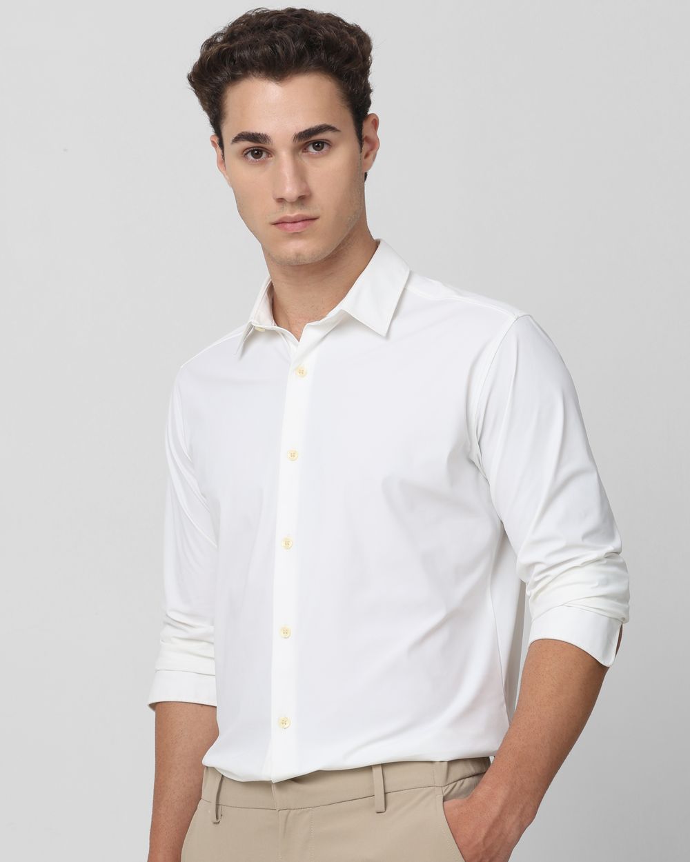 White Scuba Stretch Plain Slim Fit Casual Shirt