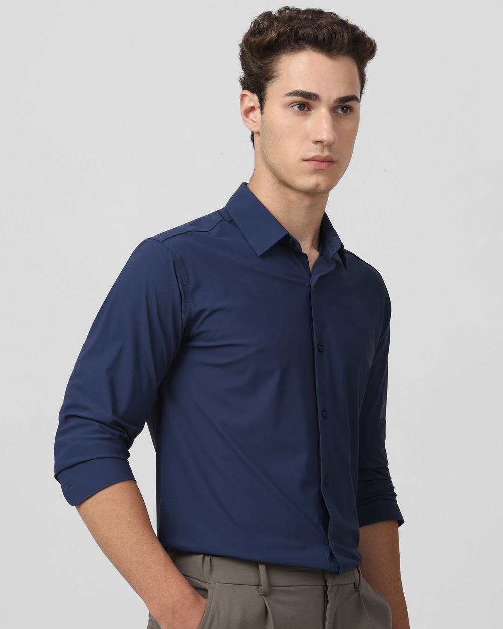 Navy Scuba Stretch Plain Slim Fit Casual Shirt