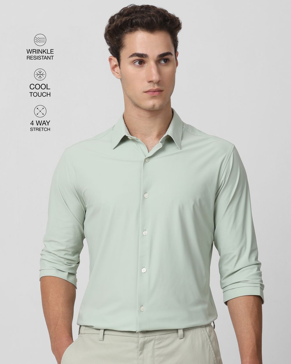 Light Green Scuba Stretch Plain Slim Fit Casual Shirt