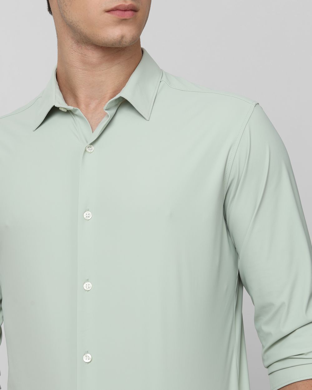 Light Green Scuba Stretch Plain Slim Fit Casual Shirt