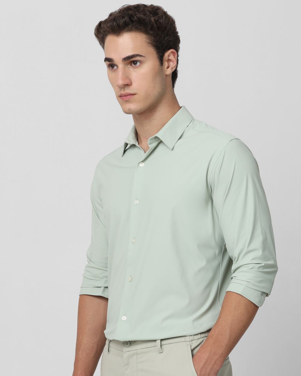 Light Green Scuba Stretch Plain Slim Fit Casual Shirt