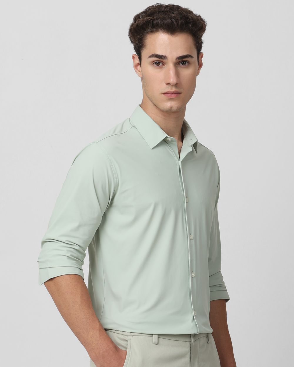 Light Green Scuba Stretch Plain Slim Fit Casual Shirt