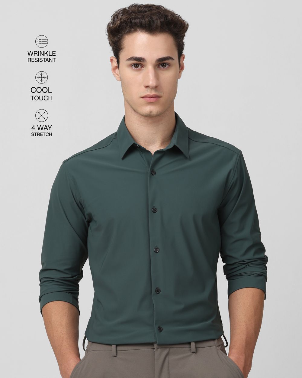 Dark Green Scuba Stretch Plain Slim Fit Casual Shirt