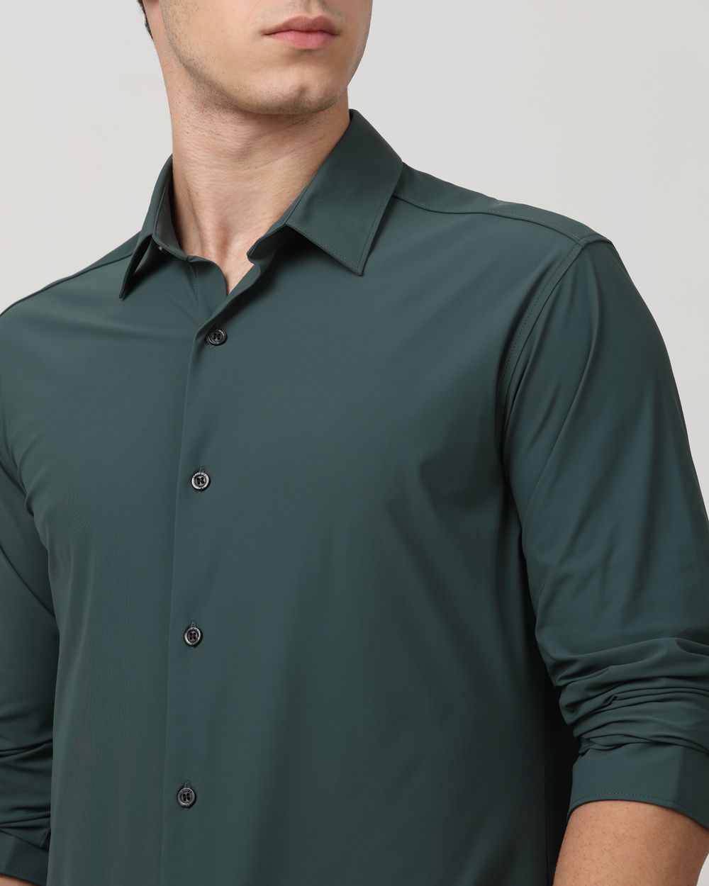 Dark Green Scuba Stretch Plain Slim Fit Casual Shirt