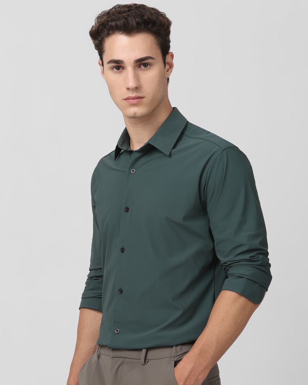 Dark Green Scuba Stretch Plain Slim Fit Casual Shirt