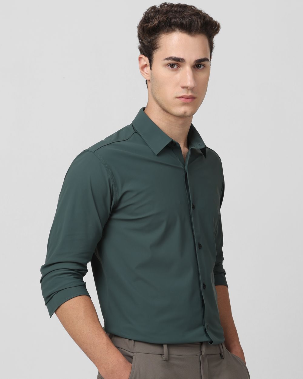 Dark Green Scuba Stretch Plain Slim Fit Casual Shirt