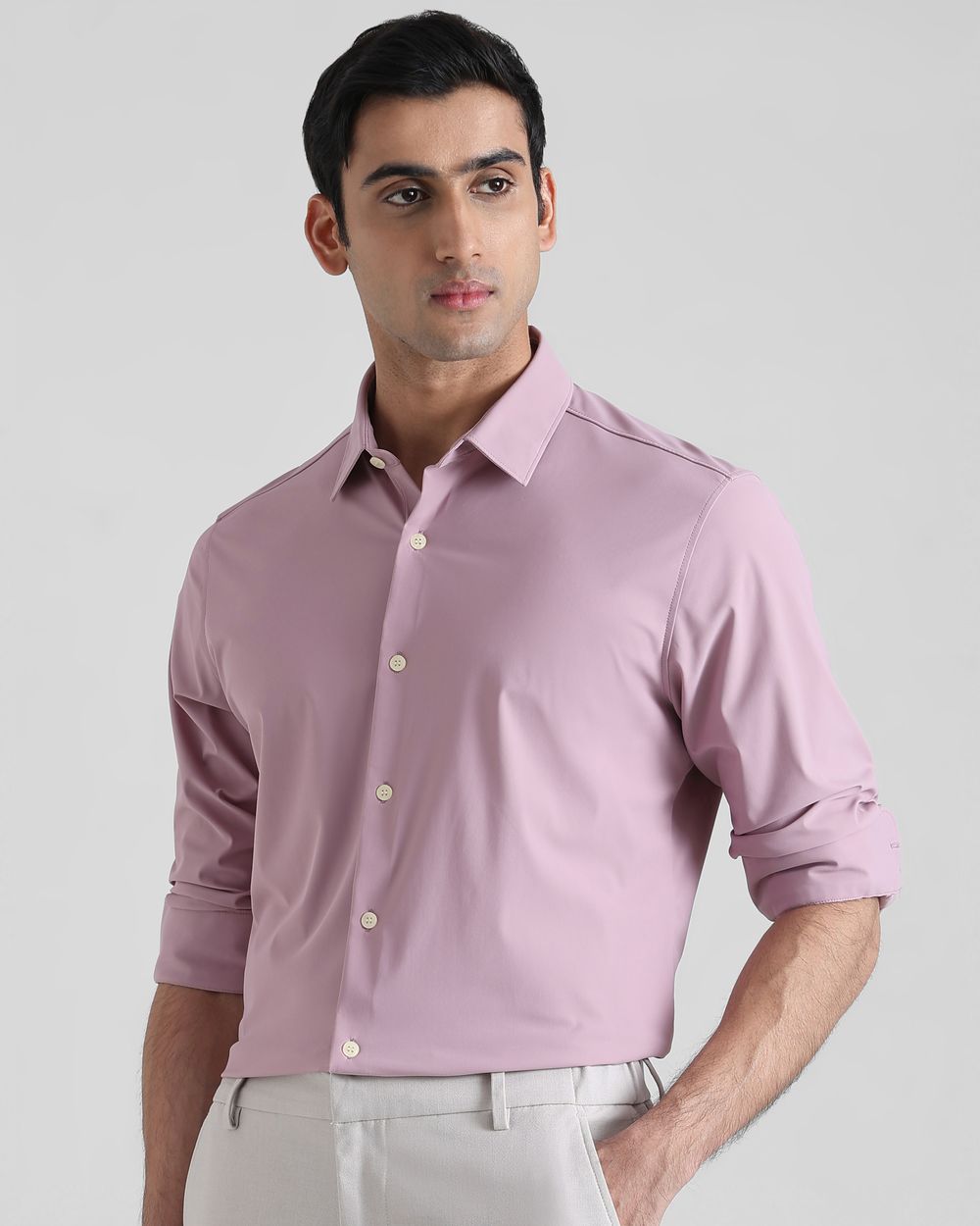 Lilac Scuba Stretch Plain Slim Fit Casual Shirt