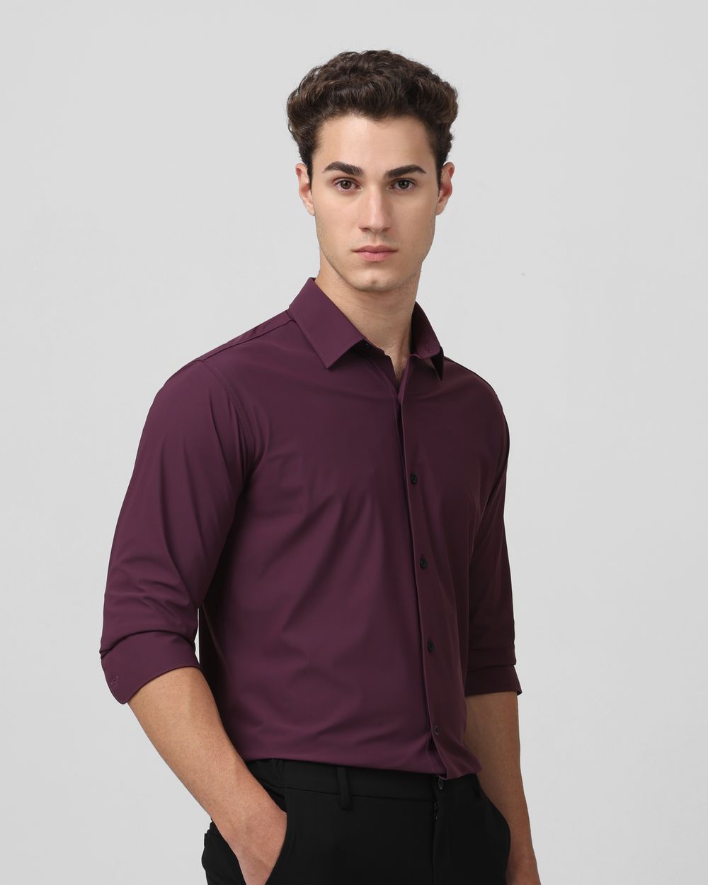 Maroon Scuba Stretch Plain Slim Fit Casual Shirt