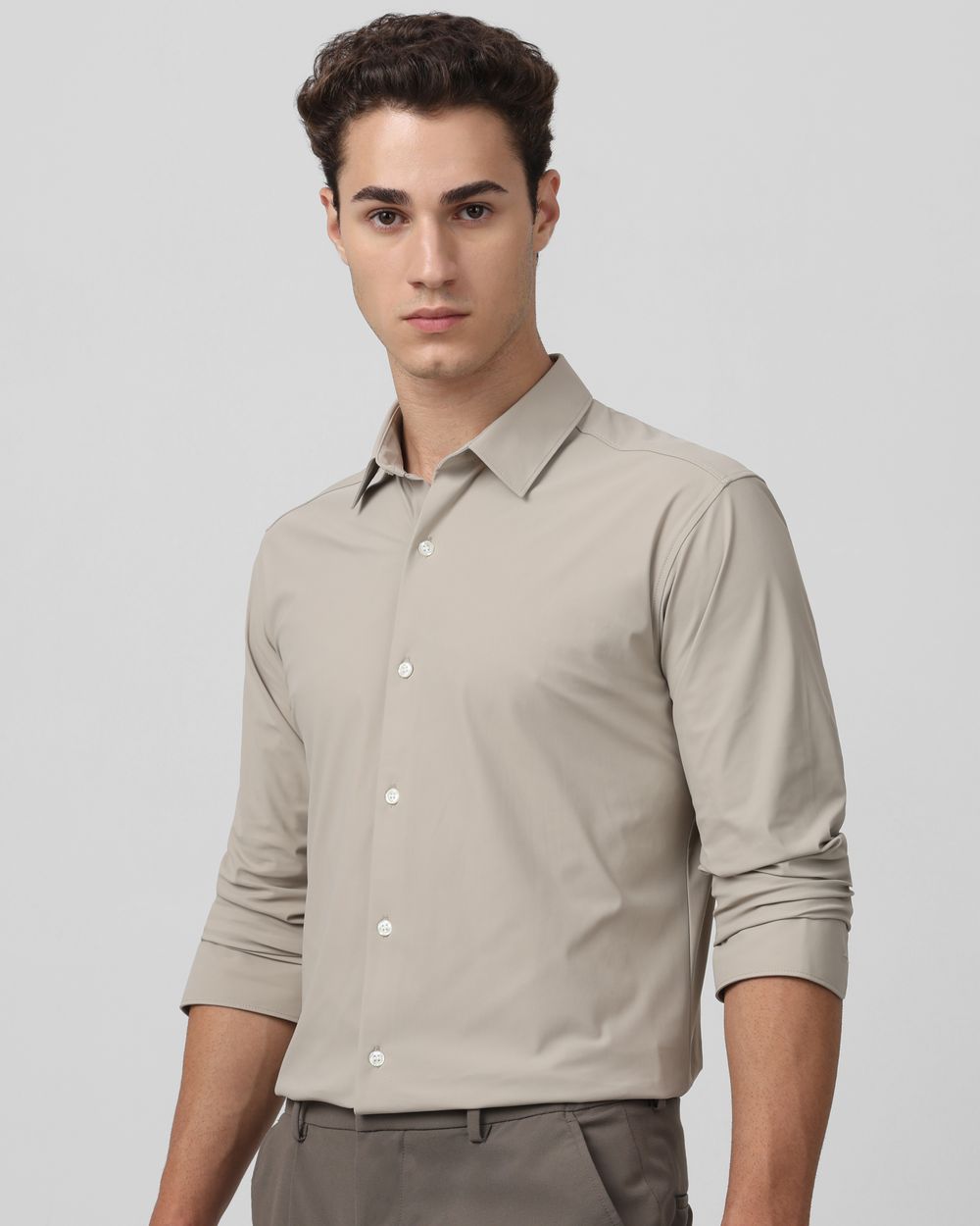 Stone Scuba Stretch Plain Slim Fit Casual Shirt