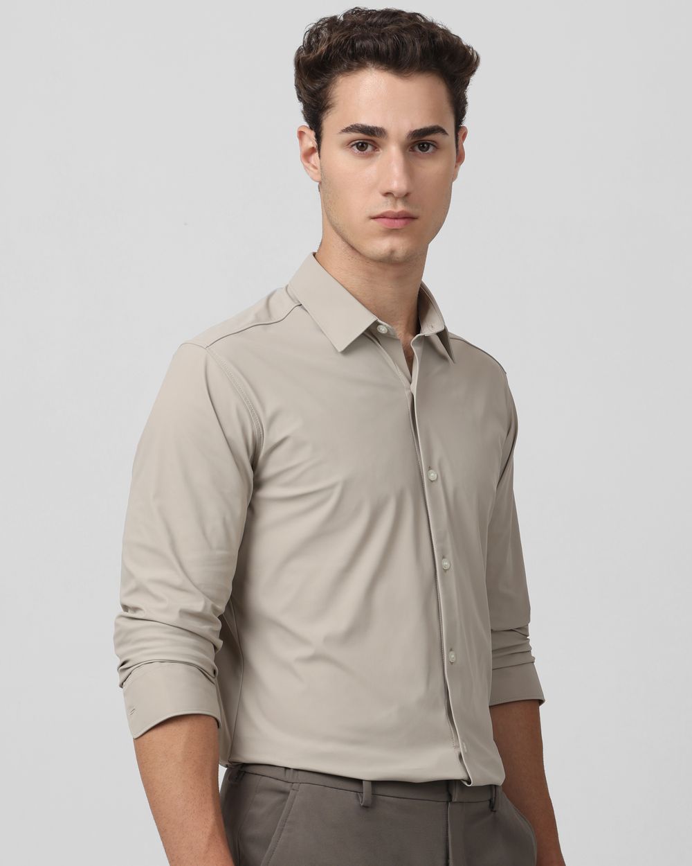 Stone Scuba Stretch Plain Slim Fit Casual Shirt