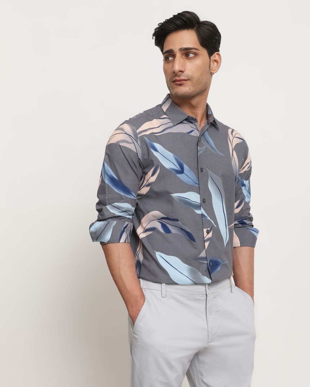Grey Leaf Print Slim Fit Casual Shirt