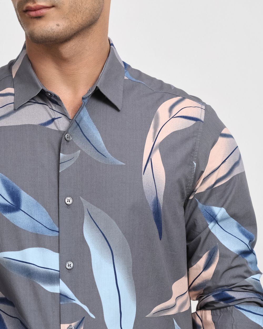 Grey Leaf Print Slim Fit Casual Shirt