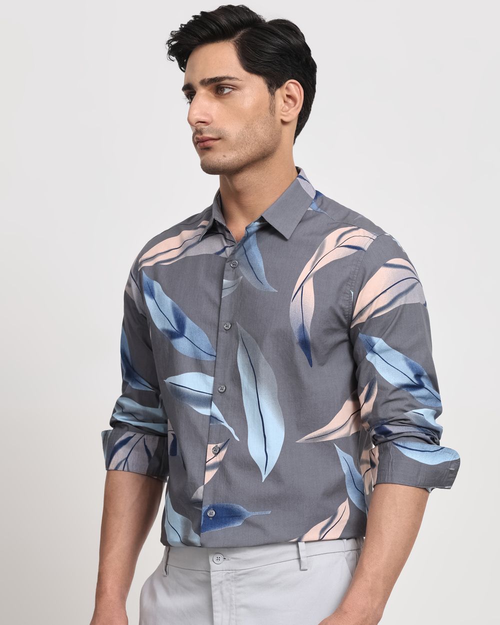 Grey Leaf Print Slim Fit Casual Shirt