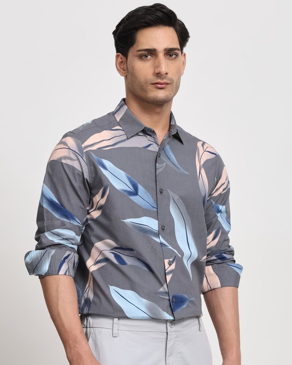 Grey Leaf Print Slim Fit Casual Shirt