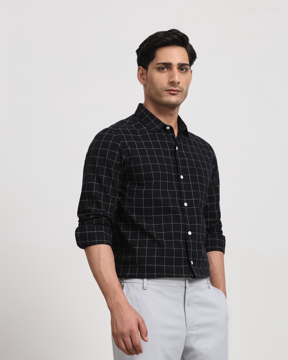Black Cotton Linen Check Slim Fit Casual Shirt