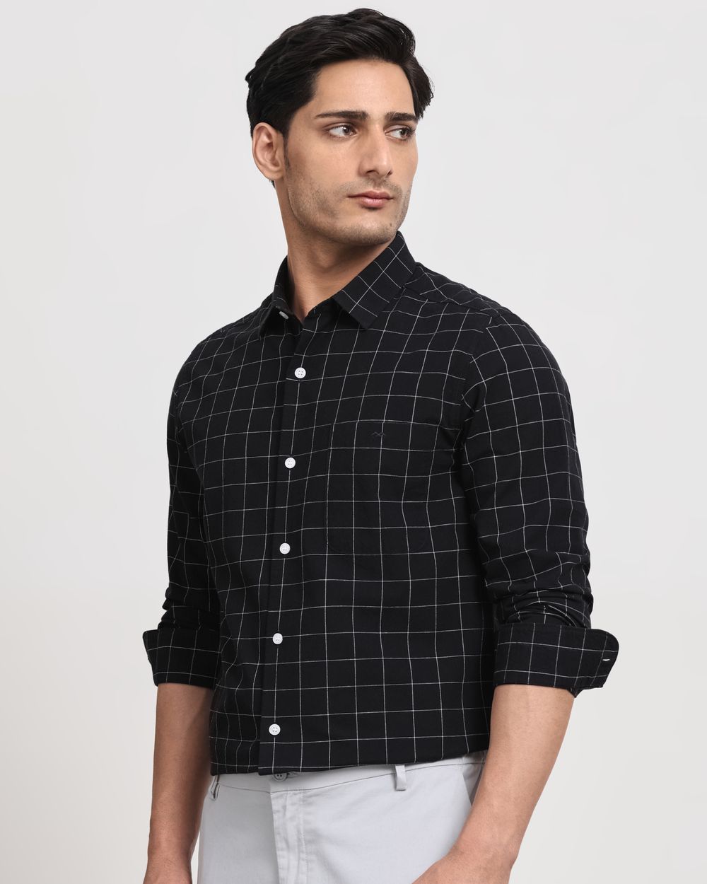 Black Cotton Linen Check Slim Fit Casual Shirt