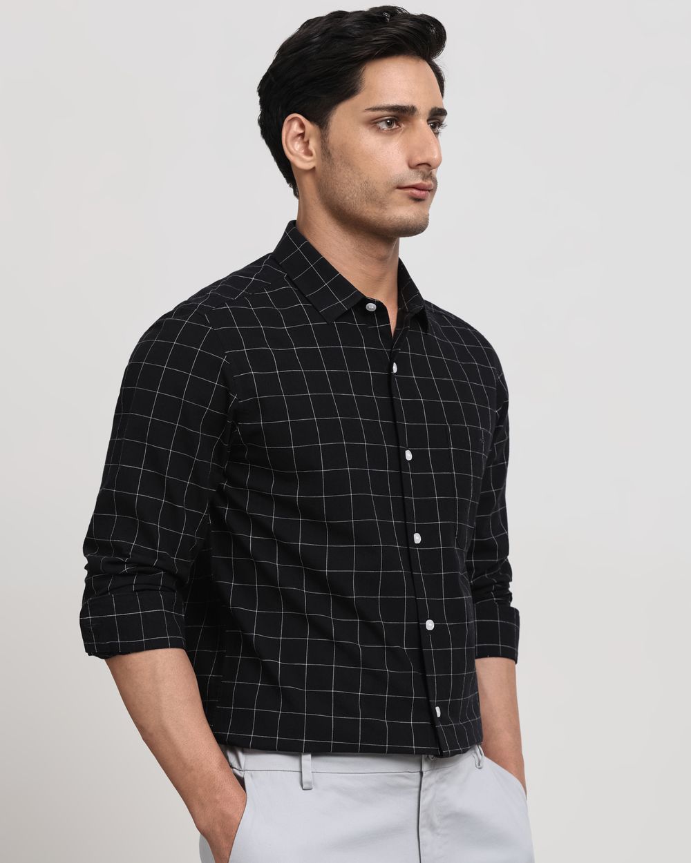 Black Cotton Linen Check Slim Fit Casual Shirt