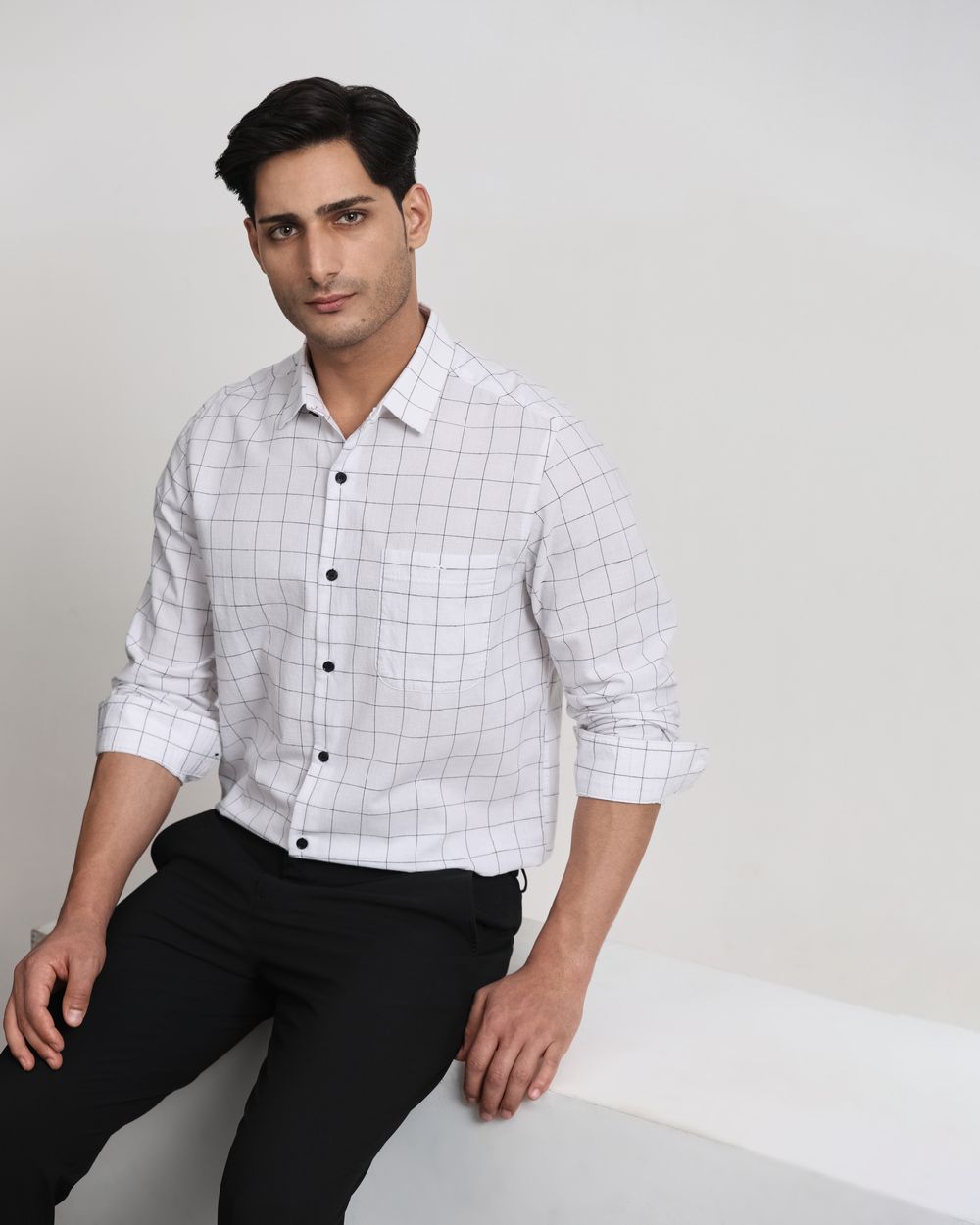 White Cotton Linen Check Slim Fit Casual Shirt