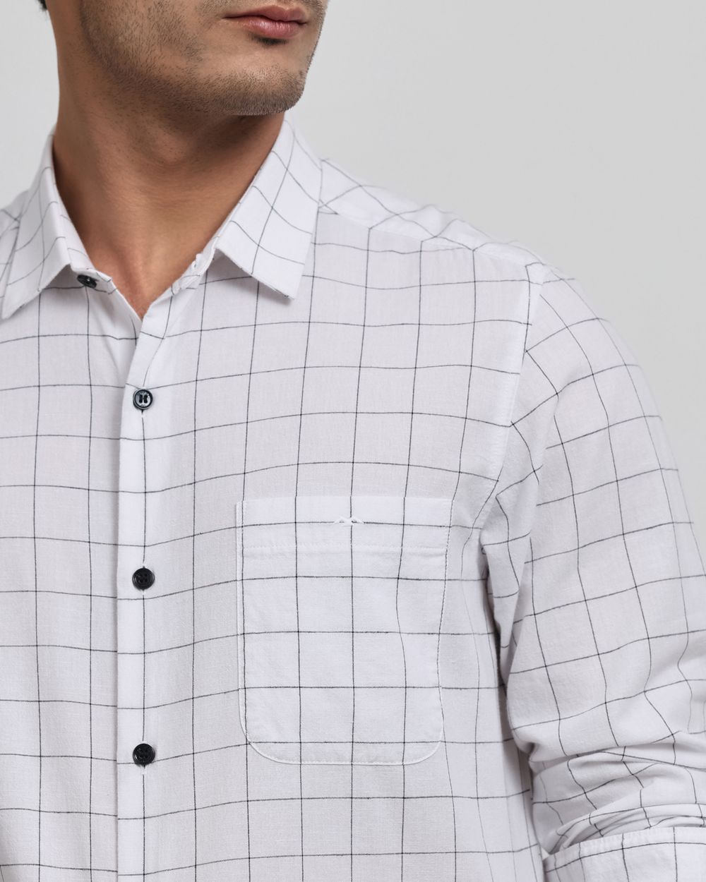 White Cotton Linen Check Slim Fit Casual Shirt