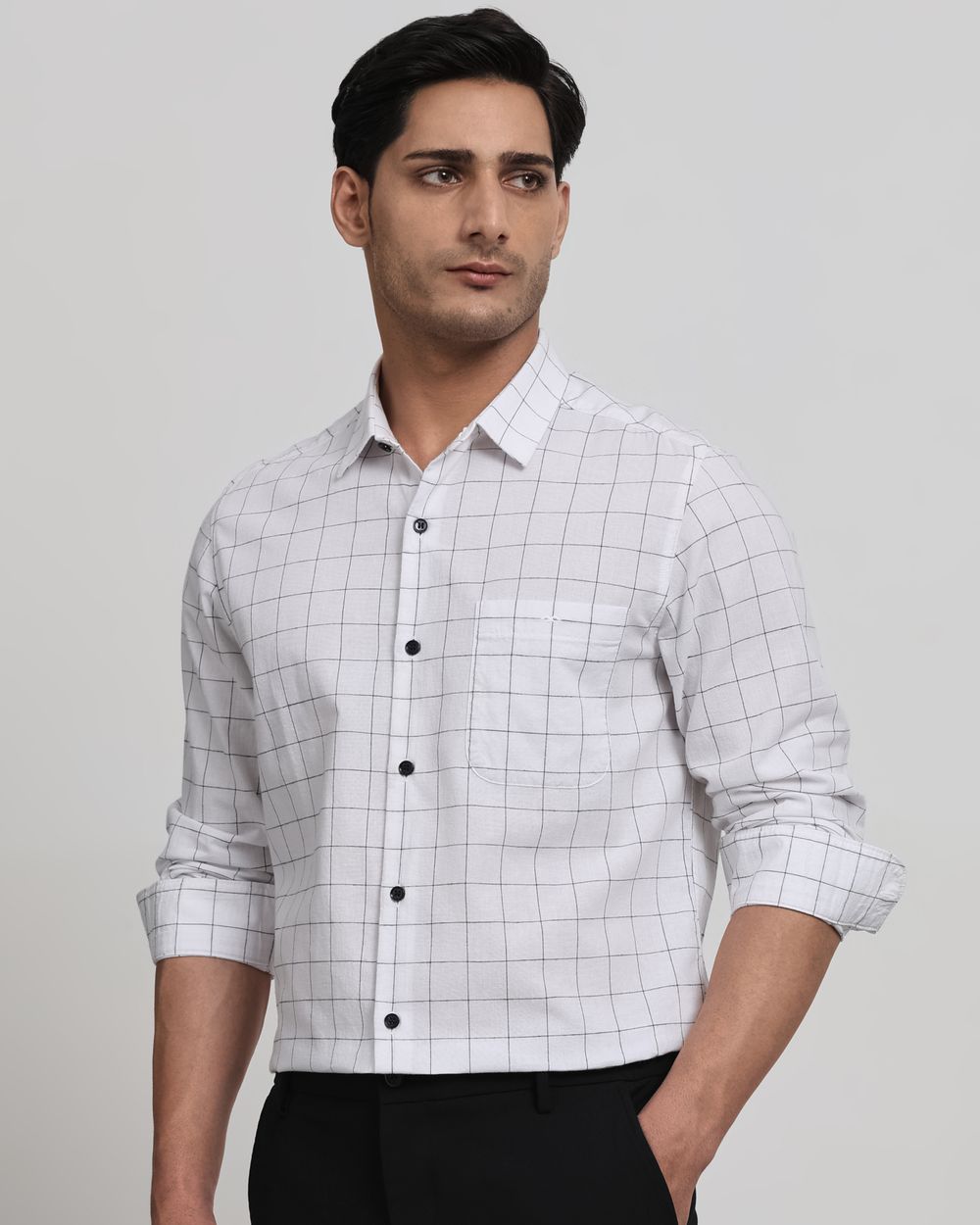 White Cotton Linen Check Slim Fit Casual Shirt