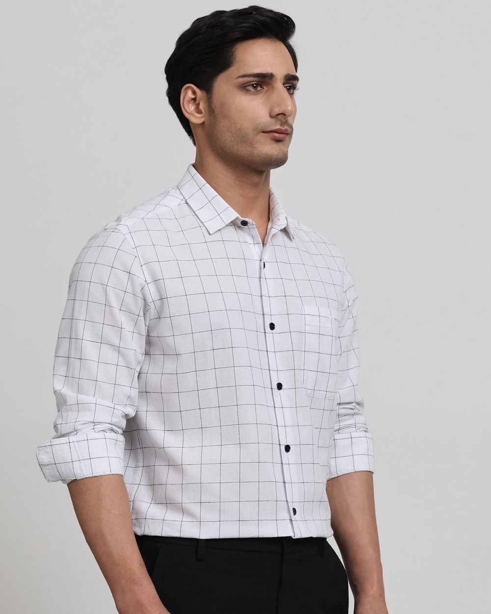 White Cotton Linen Check Slim Fit Casual Shirt