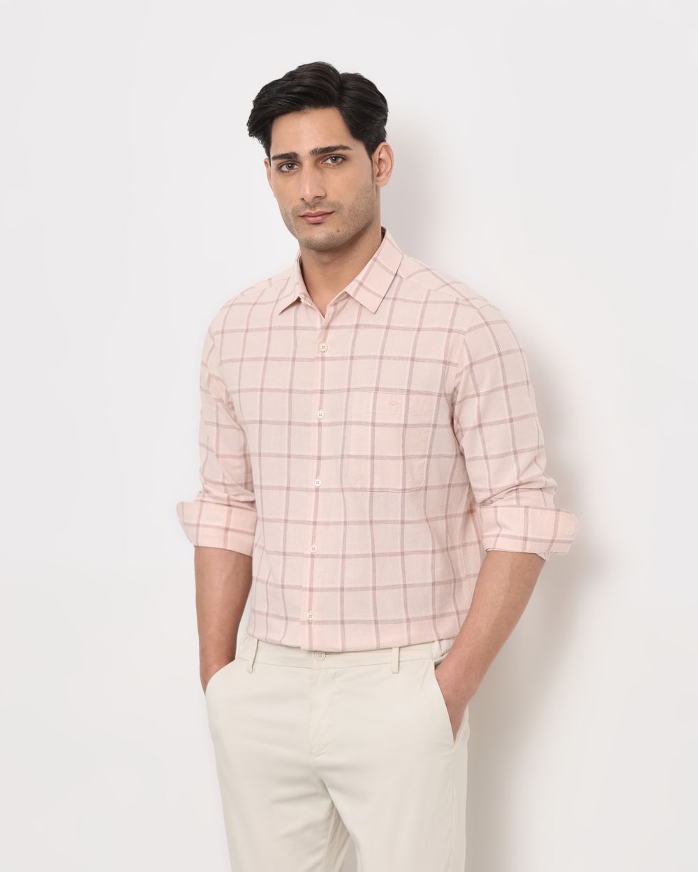 Pastel Pink Cotton Linen Check Slim Fit Casual Shirt