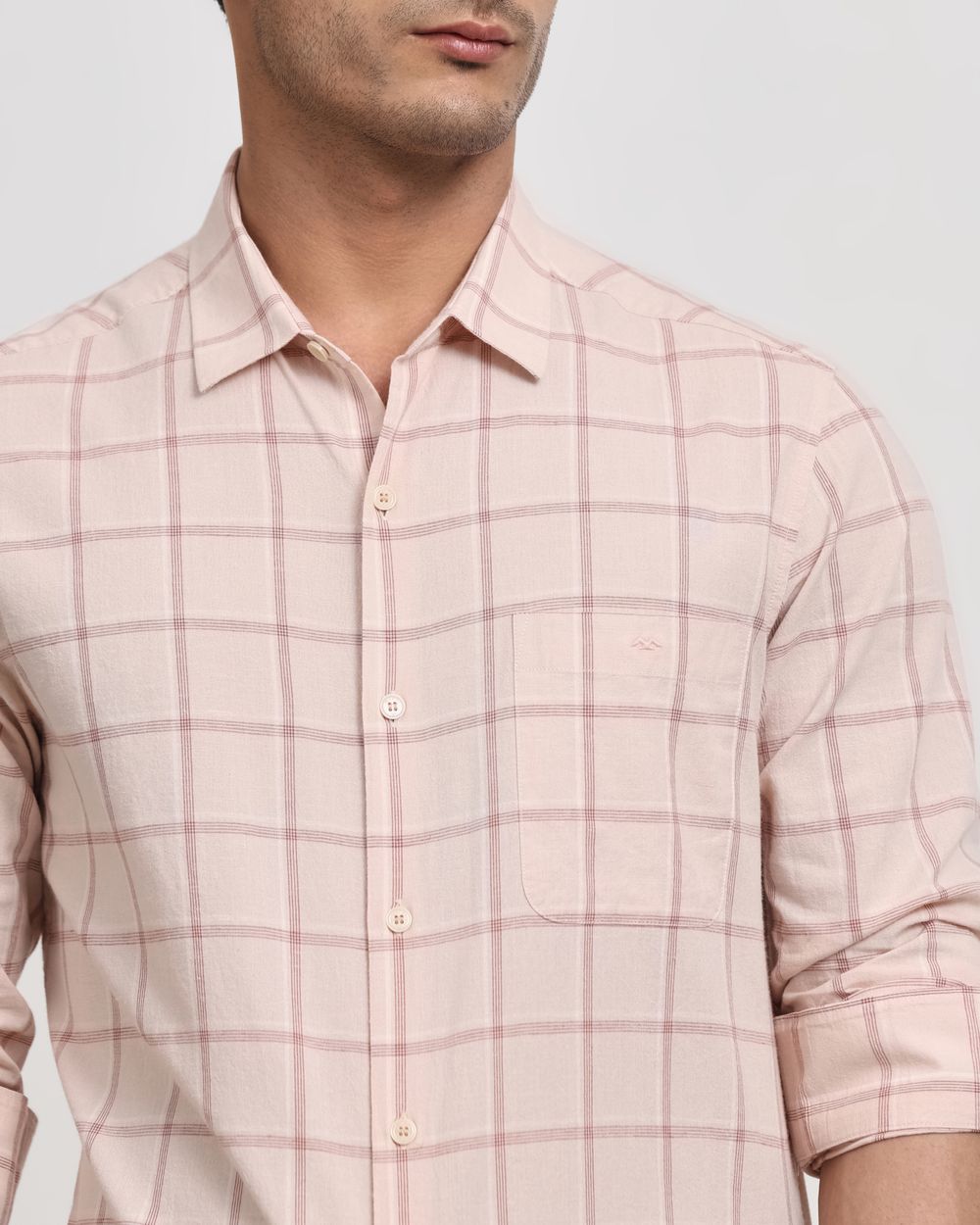 Pastel Pink Cotton Linen Check Slim Fit Casual Shirt