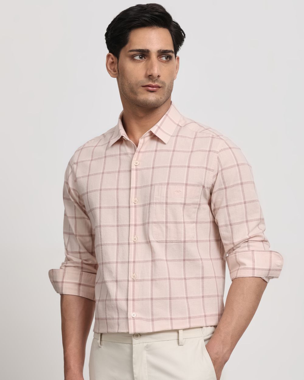 Pastel Pink Cotton Linen Check Slim Fit Casual Shirt