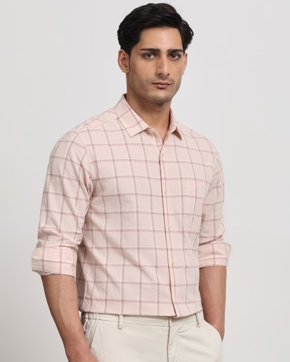 Pastel Pink Cotton Linen Check Slim Fit Casual Shirt