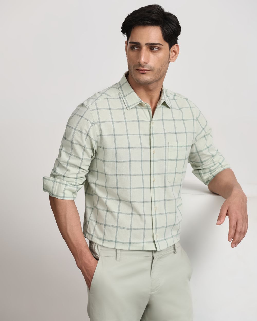 Sage Cotton Linen Check Slim Fit Casual Shirt