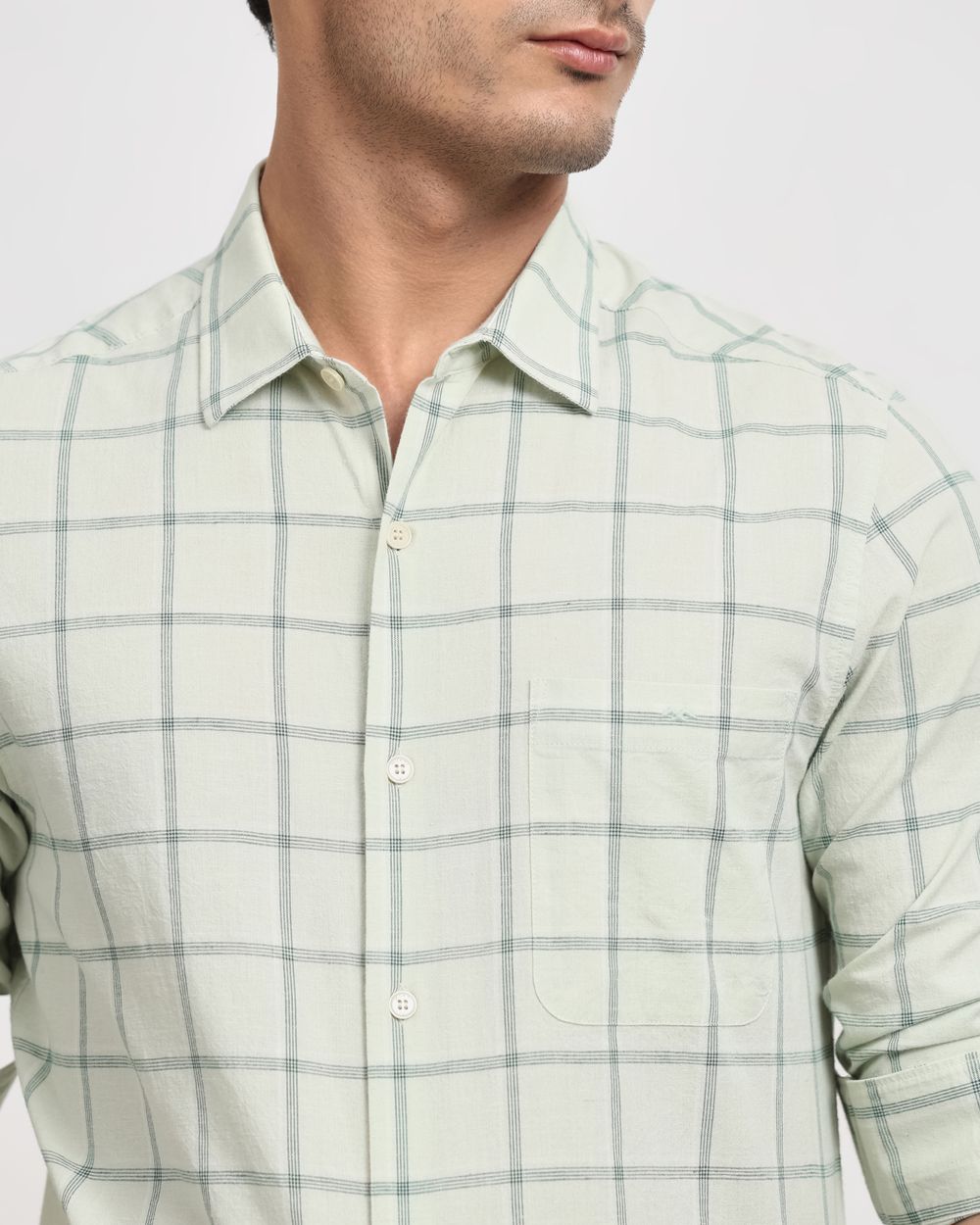 Sage Cotton Linen Check Slim Fit Casual Shirt