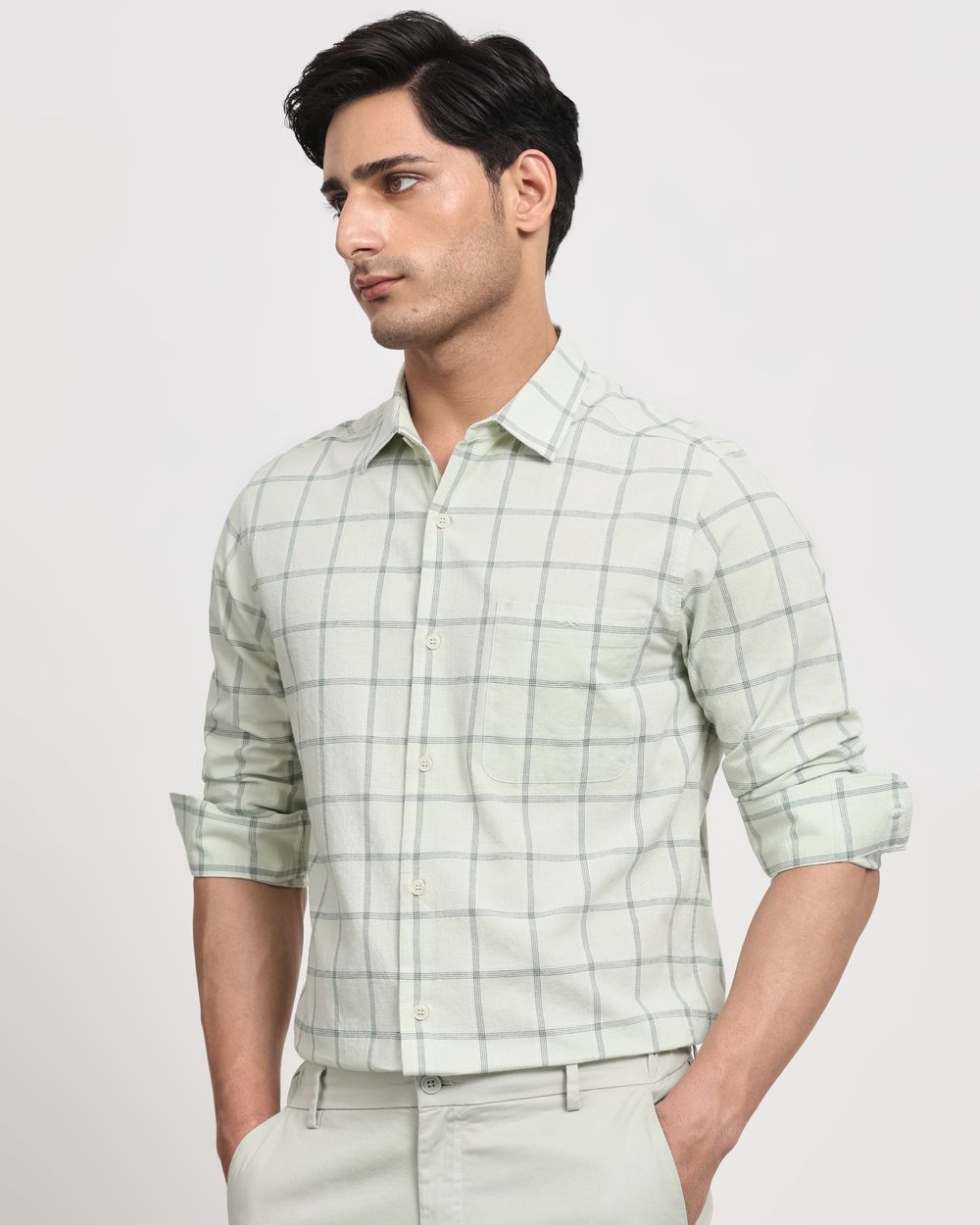 Sage Cotton Linen Check Slim Fit Casual Shirt