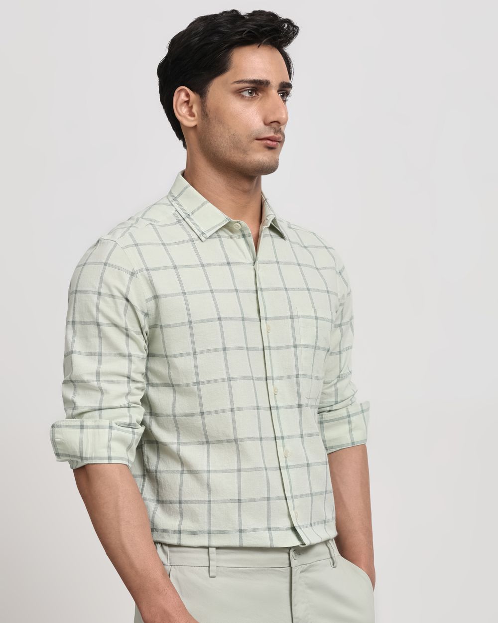 Sage Cotton Linen Check Slim Fit Casual Shirt